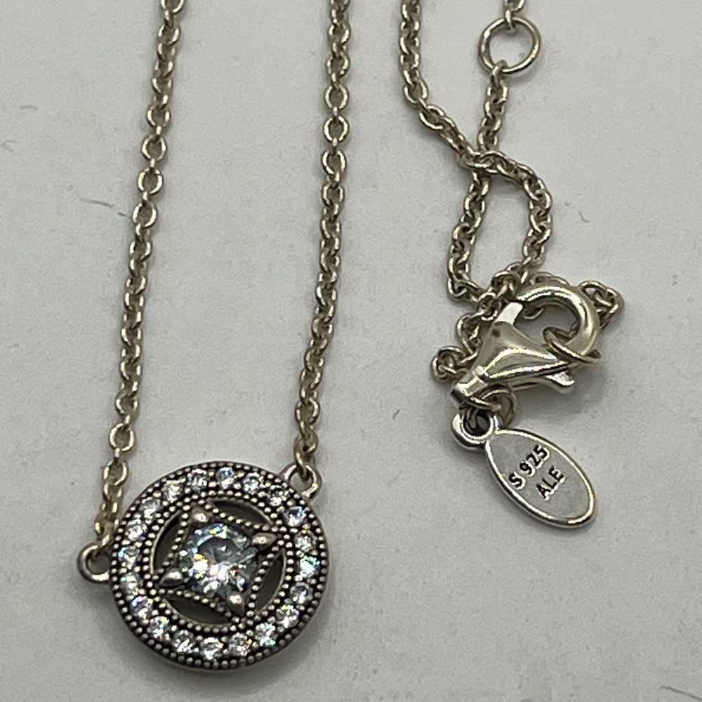 Pandora Sterling Jewelry Suite. Earrings, Necklace and Ring. Cz. - Picture 8 of 9